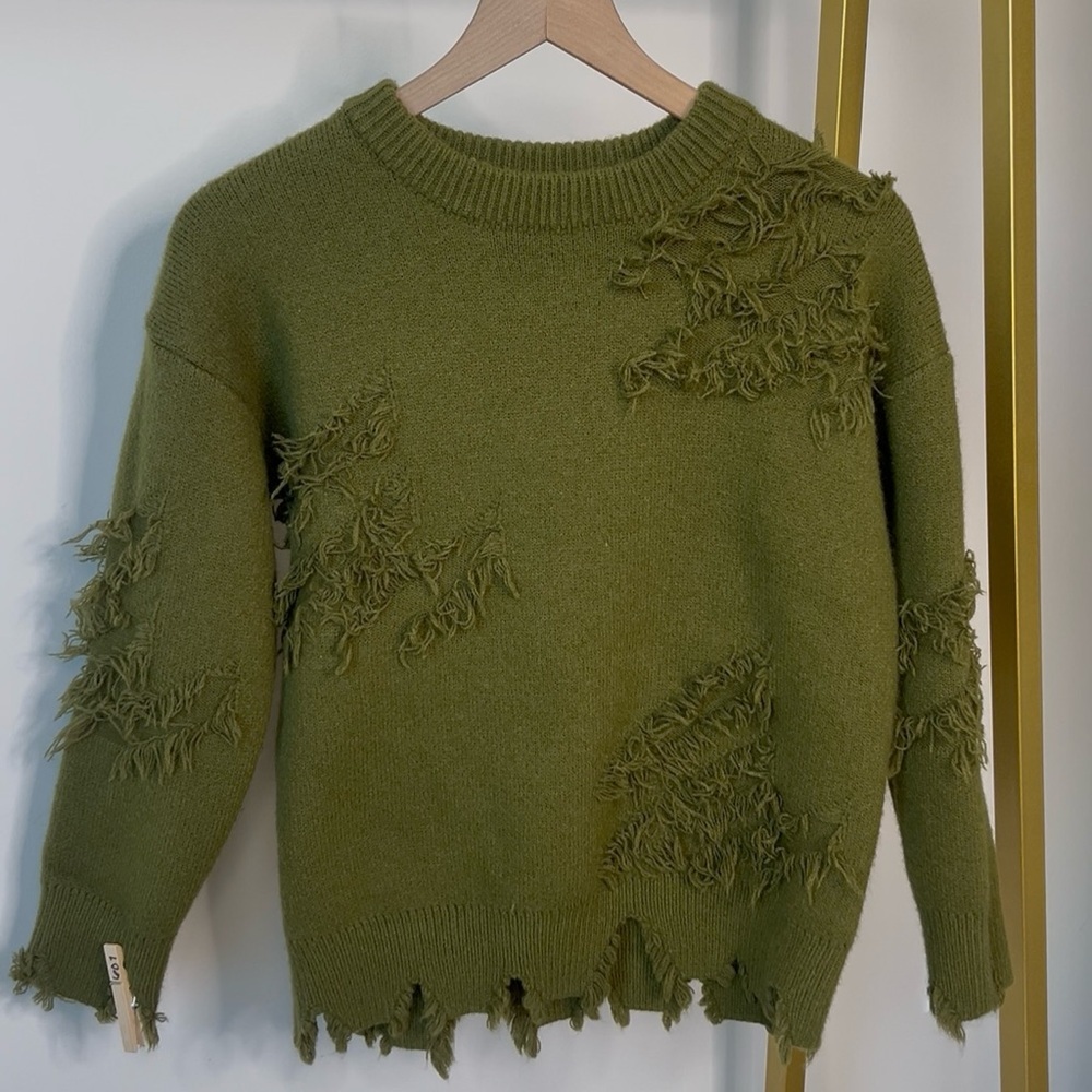 SHEIN‎ Olive Distressed Crew Neck Sweater